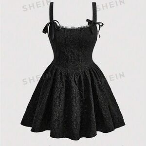 Shein Black Brocade Tie-Strap Fit & Flare Dress